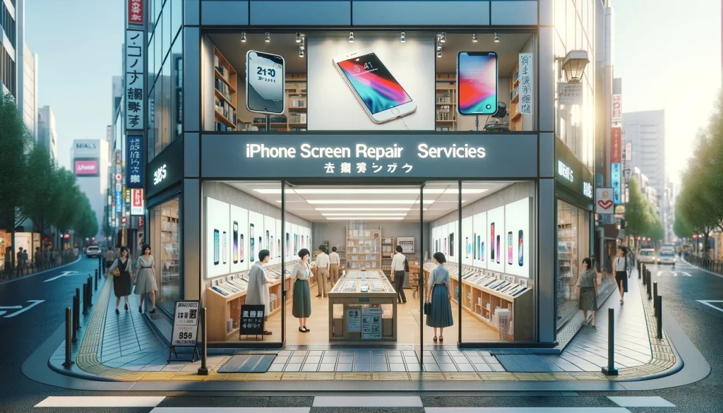 「日本の賑やかなショッピング地区に設置された、iPhone画面修理サービスを提供する店舗の光景。明確で招待感のある店頭看板には、日本語と英語で「iPhone画面修理サービス」と記載されている。店内はモダンでスリークなデザインが施され、様々なiPhoneモデルと修理ツールのディスプレイが見える。顧客が店内に入る様子が描かれ、そのうちの一人は画面が割れたiPhoneを持っている。雰囲気はプロフェッショナルで歓迎的であり、iPhone修理における信頼できる専門サービスを示している。この画像は、技術に精通した環境の本質を捉え、店のiPhone画面修理に対する焦点を強調している。」